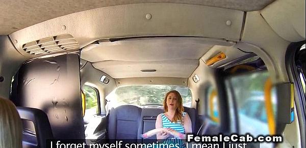  Lesbians trying huge dildo in fake taxi